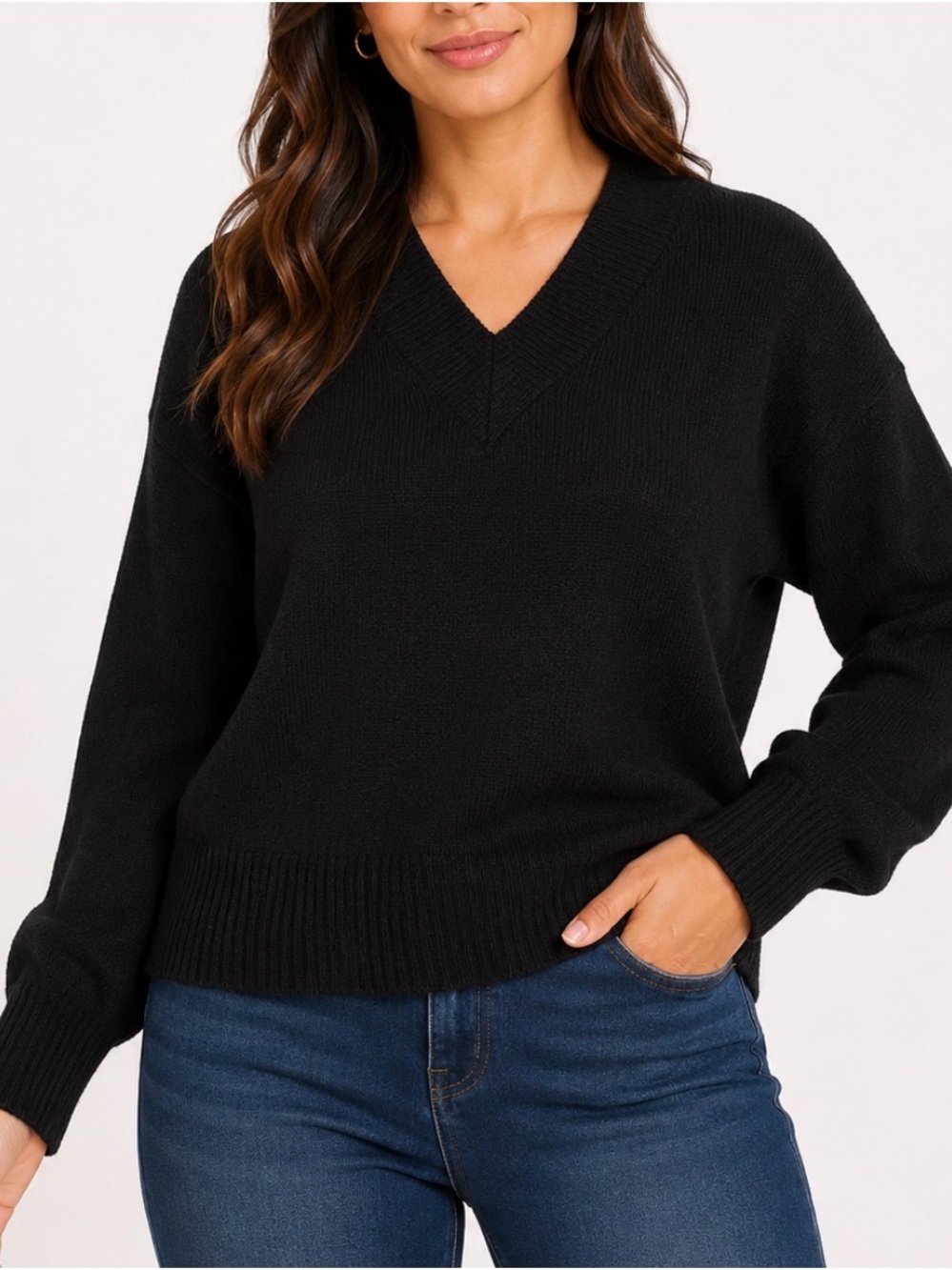 Pink Clover Black V-Neck Knit Sweater ribbed cuff hem SZ XL